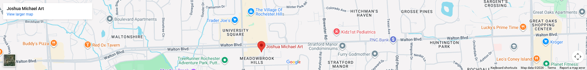 Map pinpointing Joshua Michael Art location in Rochester Hills.