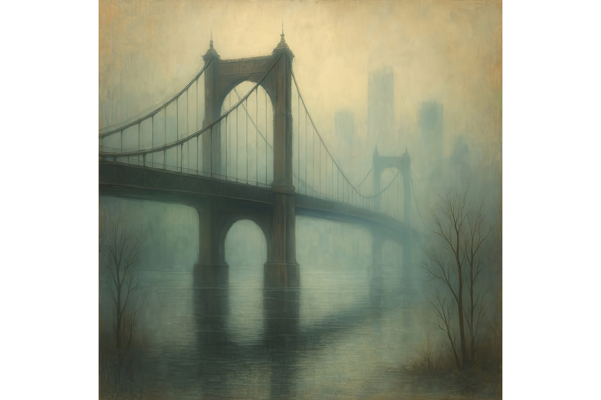 A foggy suspension bridge over calm water with a city skyline in the background.