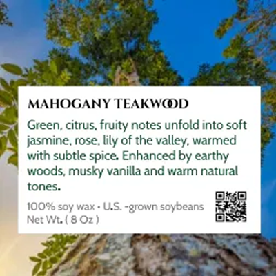 Mahogany teakwood scented candle with green, citrus, and fruity notes.