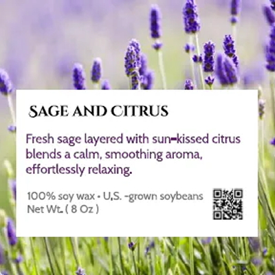 Lavender flowers with a label reading 'Sage and Citrus' for a relaxing soy wax product.