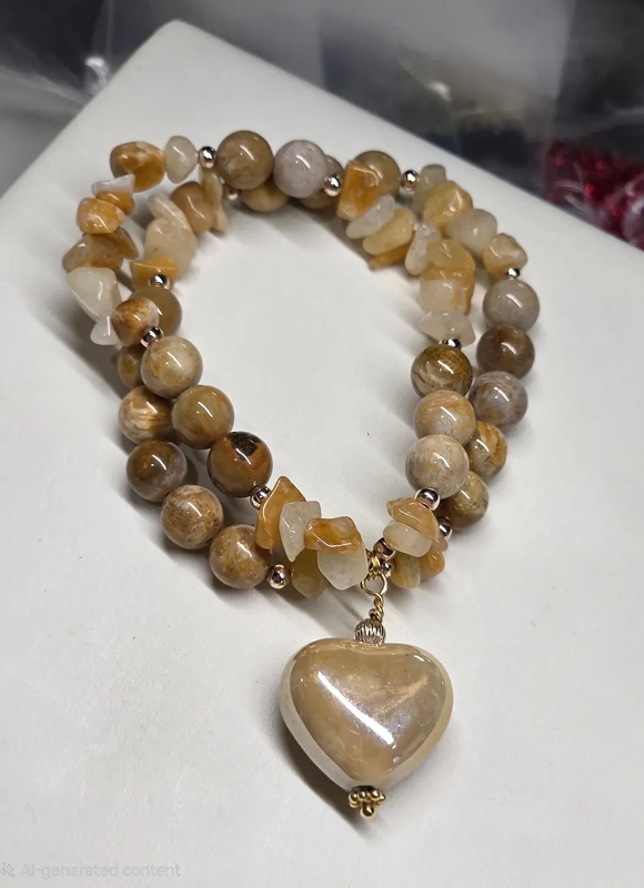 Double-strand beaded necklace with heart-shaped pendant.