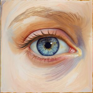 A detailed close-up of a blue eye with intricate textures and soft shading.
