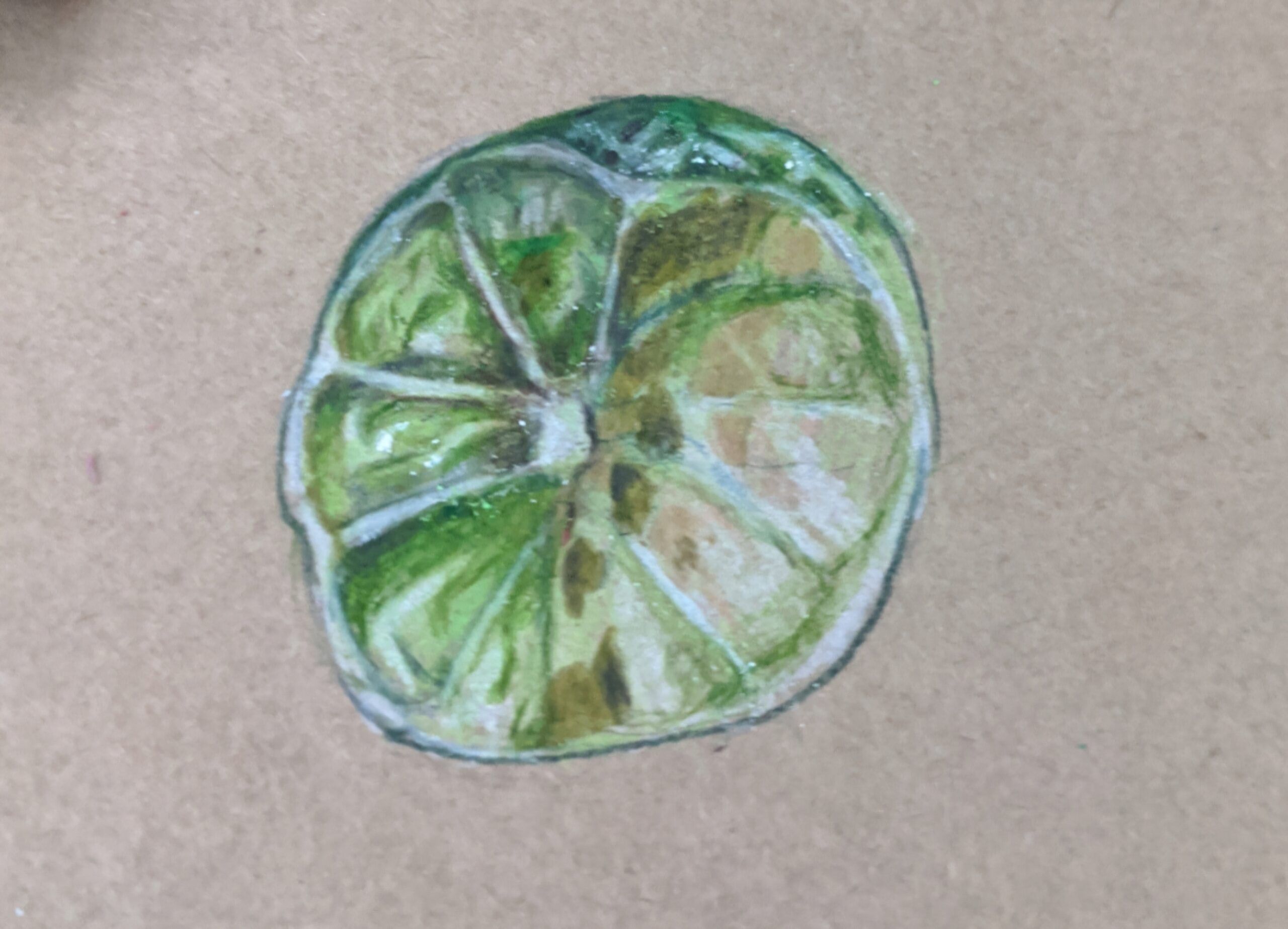 A watercolor painting of a sliced lime on beige paper.