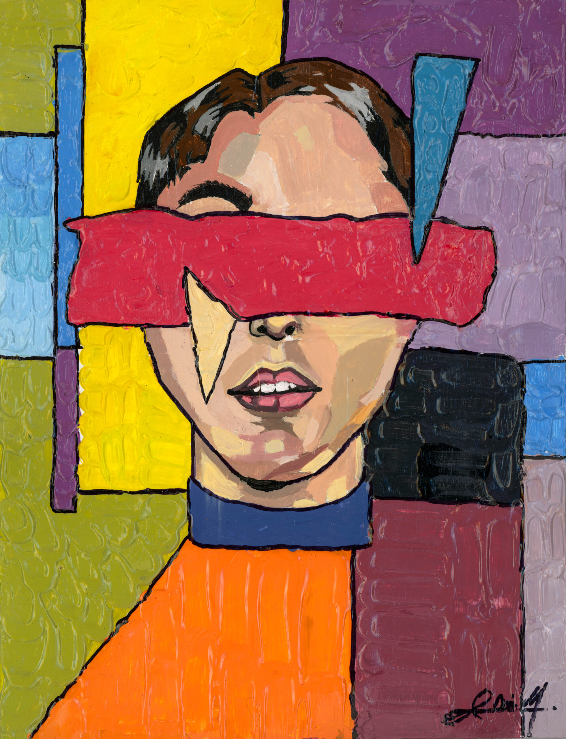Abstract portrait with colorful geometric shapes and a red band over the eyes.
