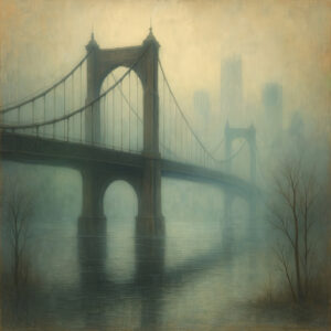 A foggy suspension bridge with city skyscrapers faintly visible in the background.