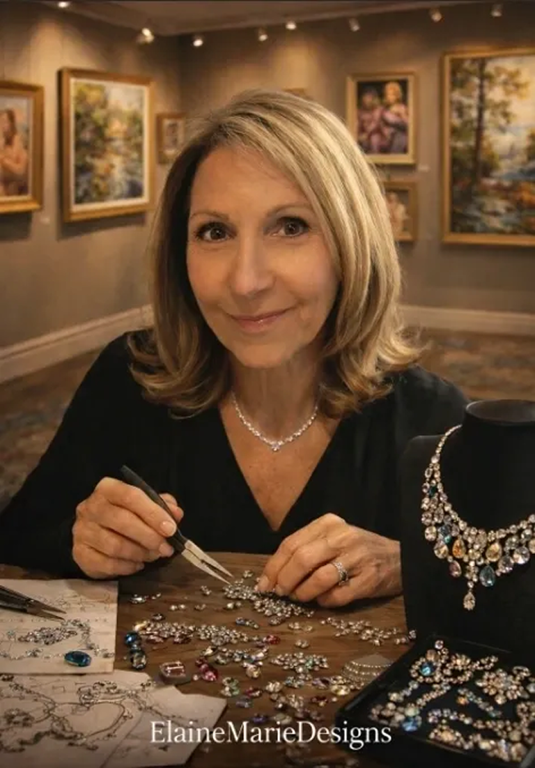 Woman showcasing exquisite jewelry in a gallery setting.