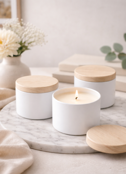 Three minimalist white candles with wooden lids on a marble surface, one lit.