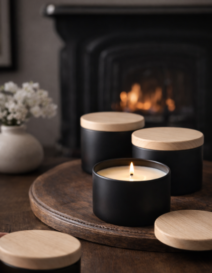 Three black candles with wooden lids on a wooden tray by a fireplace.