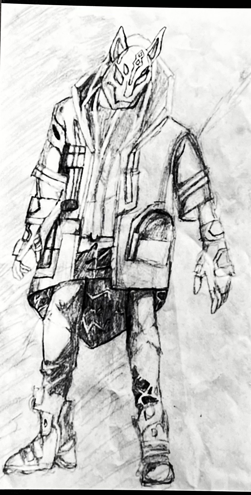 Sketch of a person wearing a detailed, layered outfit with multiple pockets.
