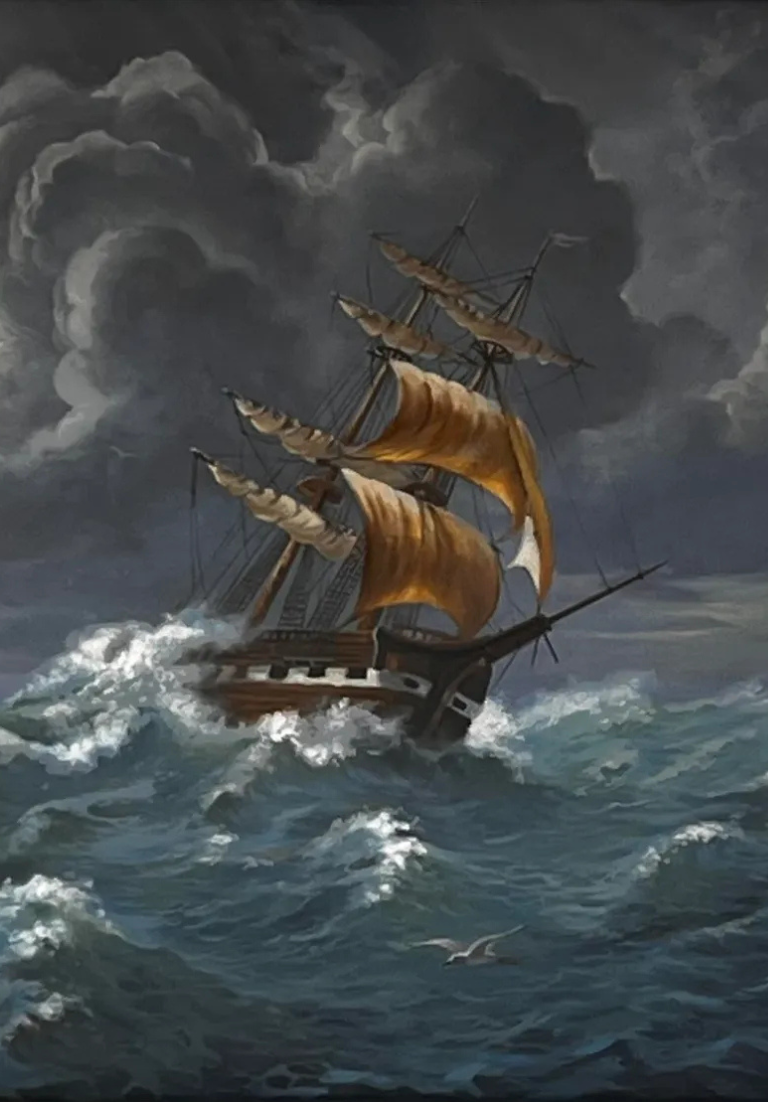 A sailing ship battles rough seas under dark stormy skies.