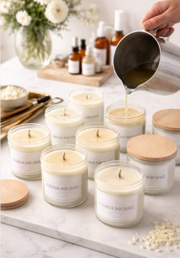 Pouring wax into glass jars to make scented candles.